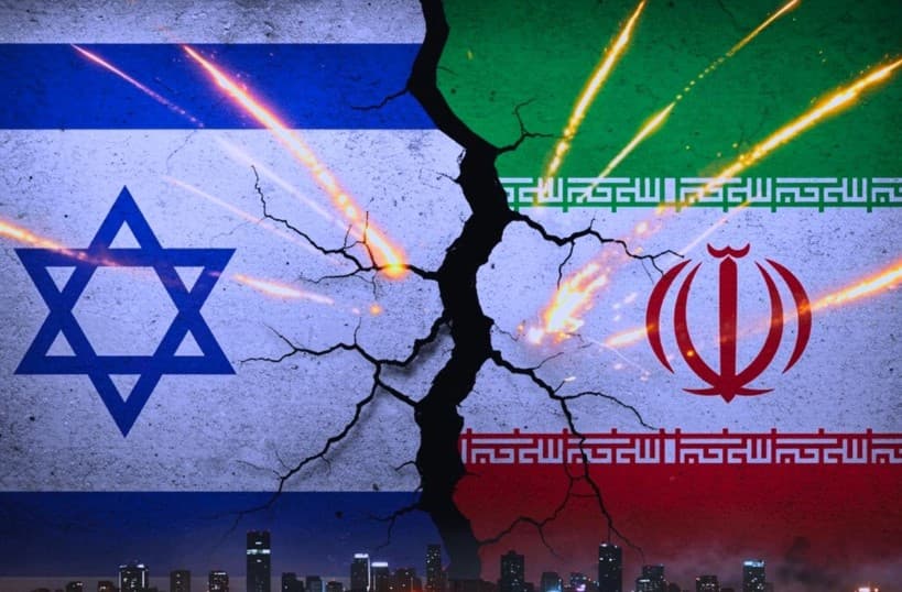The national flags of Israel and Iran displayed side by side against a dramatic background, representing geopolitical tensions, military escalation, and the ongoing regional conflict.