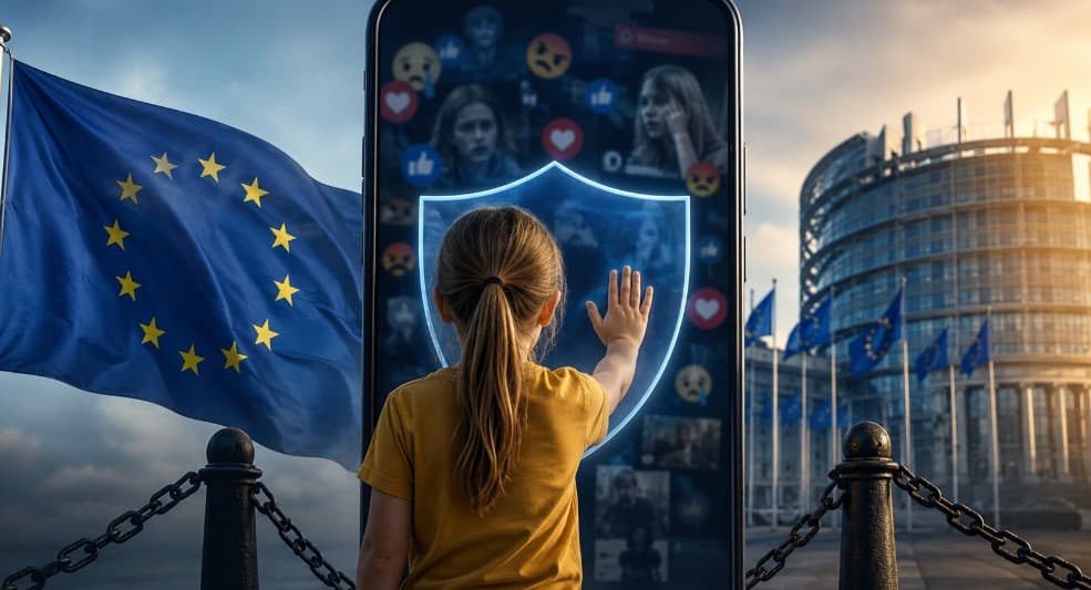A child stands in front of a giant smartphone screen displaying social media