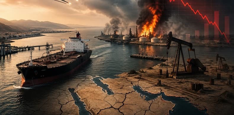 Oil tanker navigating near burning refinery and military jets amid Strait of Hormuz disruption during the Gulf economic crisis 2026