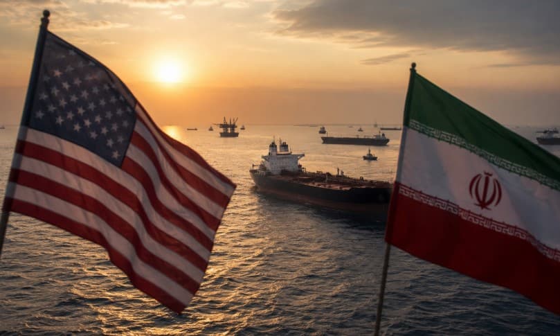 US and Iranian flags overlooking oil tankers in the Strait of Hormuz during sunset, symbolizing diplomacy, Middle East tensions, and global energy markets amid ongoing US-Iran peace negotiations.