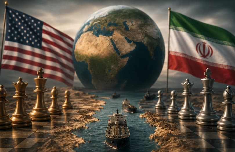 Symbolic geopolitical scene showing US and Iran tensions over the Strait of Hormuz, with oil tankers moving through a strategic waterway between opposing chess pieces and national flags against a global backdrop.