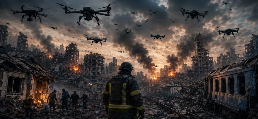 Dramatic war scene showing drones flying over a destroyed Ukrainian city with burning buildings, smoke-filled skies, rescue workers, damaged railway infrastructure