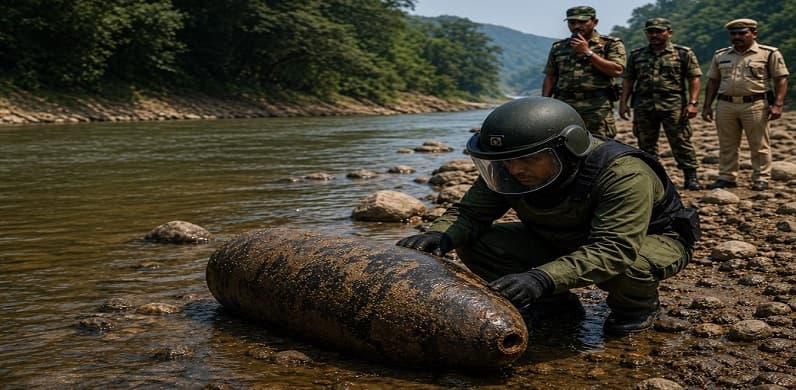 Subarnarekha River WWII bomb discovery scene showing bomb disposal squad examining a rusted unexploded World War II bomb found in Jharkhand riverbed.
