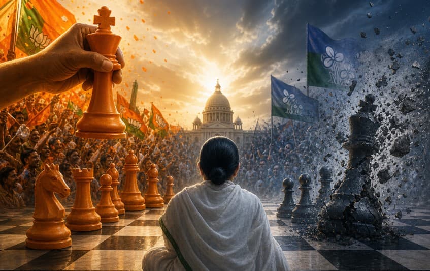 Dramatic political illustration of West Bengal election results showing a symbolic chess battle, with one side rising in celebration and the other collapsing, representing a major power shift in Indian politics.