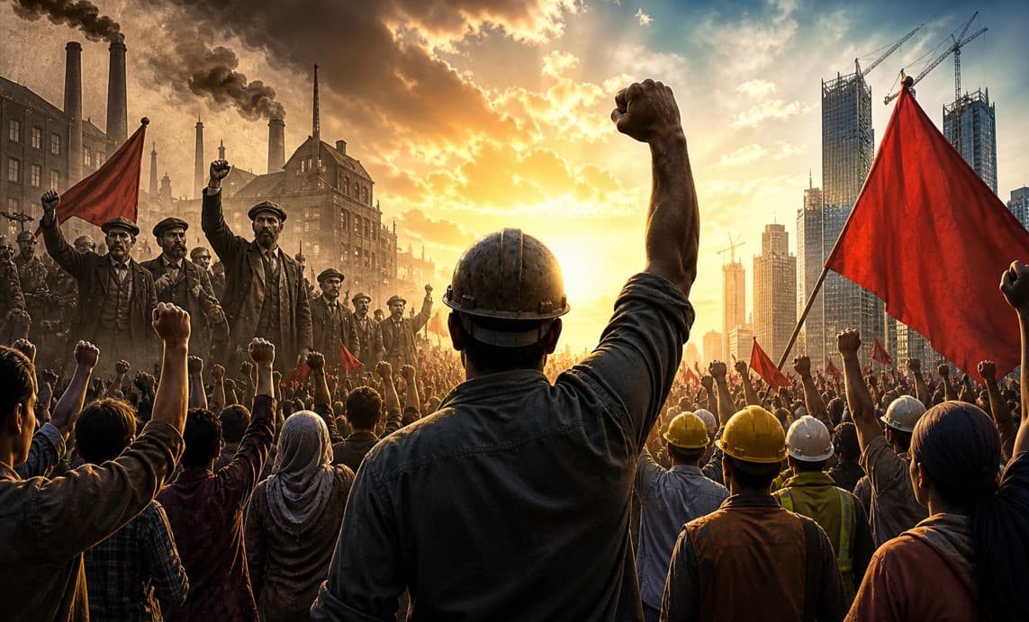 Labour Day May 1 protest scene with workers raising fists, red flags, industrial past blending with modern city skyline symbolizing workers’ rights movement