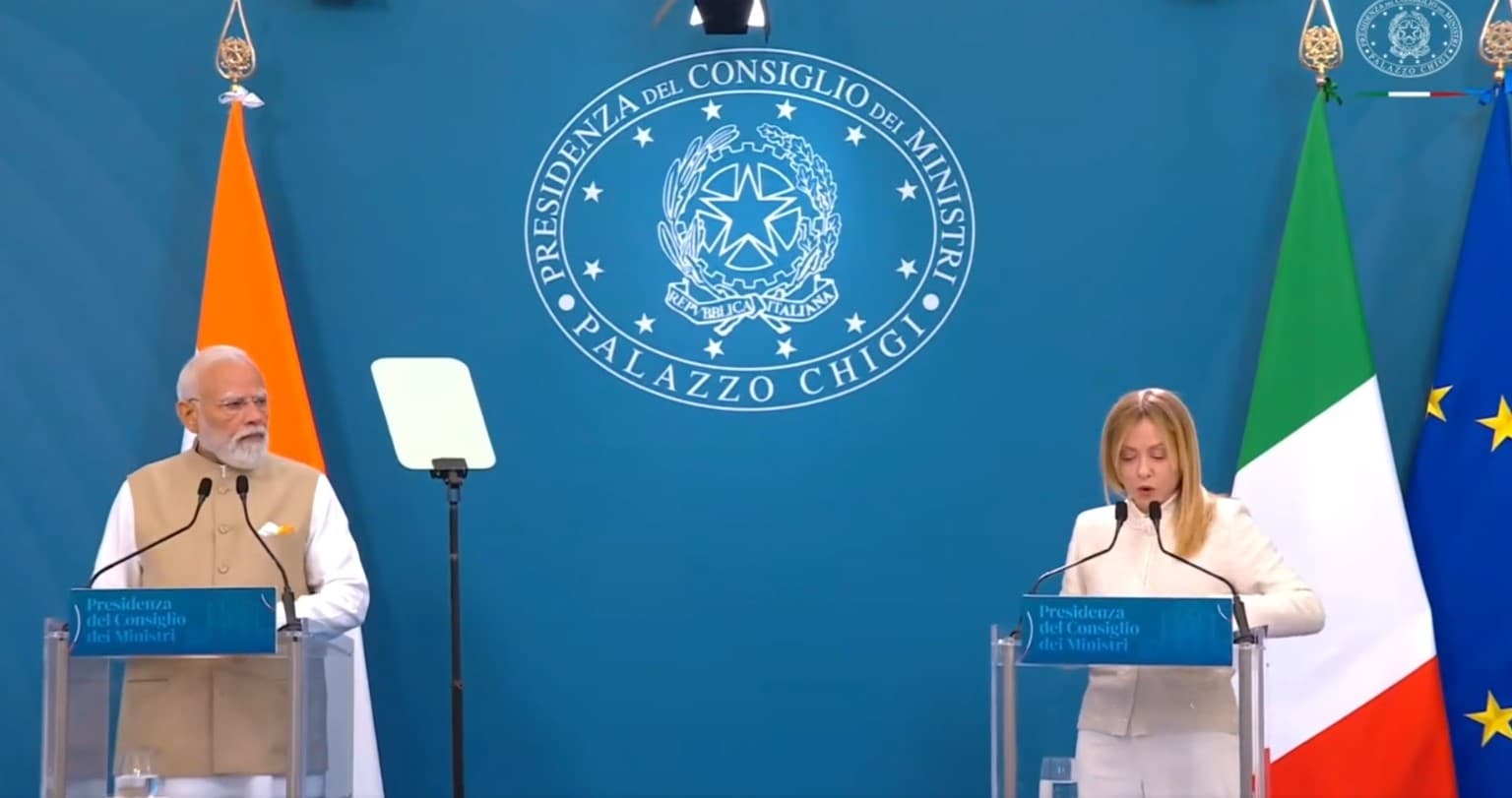 Indian Prime Minister Narendra Modi and Italian Prime Minister Giorgia Meloni speaking at a joint press conference at Palazzo Chigi in Rome.