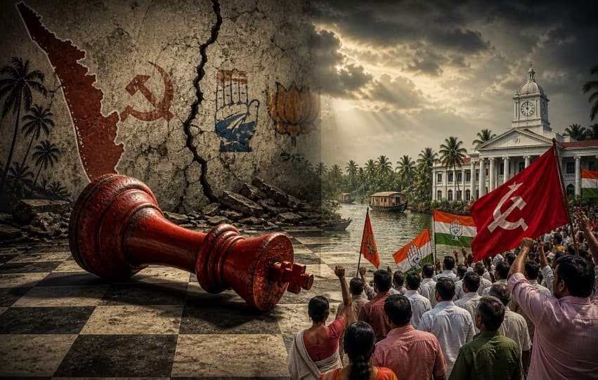 Dramatic Kerala political scene showing fallen red chess king symbolizing power shift, crowds with party flags near backwaters and government building, representing election change and public uprising