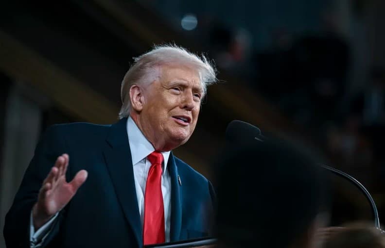 US President Donald Trump delivering a speech while charts display disputed $18 trillion investment claim and fact-check data comparison.