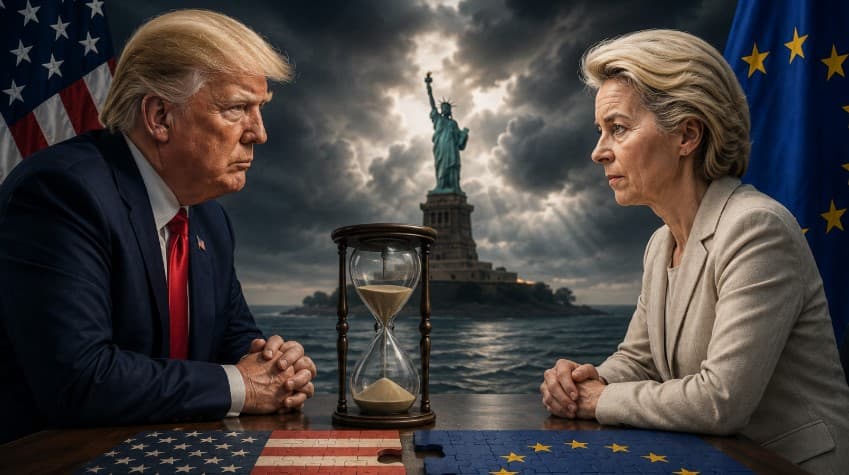 Donald Trump and Ursula von der Leyen facing each other during tense US-EU trade negotiations with American and European Union symbols, hourglass, and stormy background representing tariff dispute and trade deadline tensions.