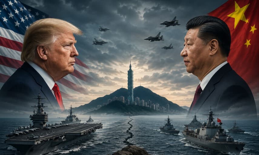 Donald Trump and Xi Jinping face off across the Taiwan Strait as US and Chinese warships and fighter jets surround Taiwan in a dramatic Indo-Pacific geopolitical crisis illustration.