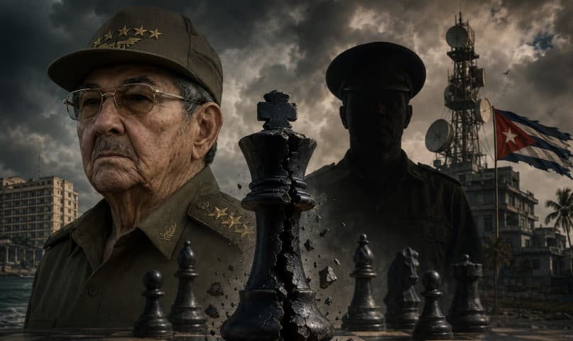 Cuba’s military leadership under pressure, featuring a cracked black chess king, a stern elderly military figure, dark storm clouds, a torn Cuban flag