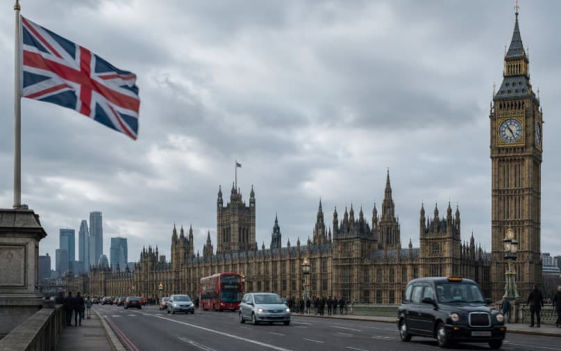 Union Jack flag flying beside the Palace of Westminster and Big Ben in London under dark cloudy skies, symbolizing Britain’s economic uncertainty and stagflation concerns in 2026.