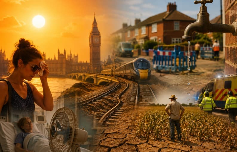 Extreme heatwave in the United Kingdom showing London under intense summer heat public health strain during record-breaking May temperatures.
