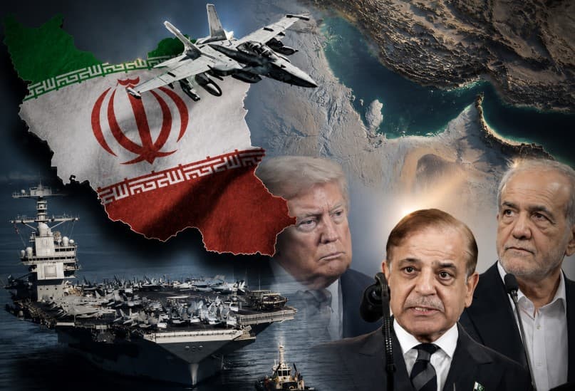 US-Iran ceasefire crisis illustration showing Iran's map and flag, a fighter jet, a US aircraft carrier in the Persian Gulf, and political leaders amid rising tensions over the Strait of Hormuz and Middle East security.