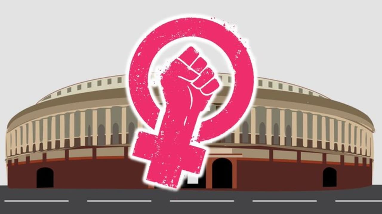 Political graphic showing Women's Reservation Bill debate in India with PM Narendra Modi, Mamata Banerjee, Tamil Nadu election crowds, and BJP vs Congress political clash visuals.